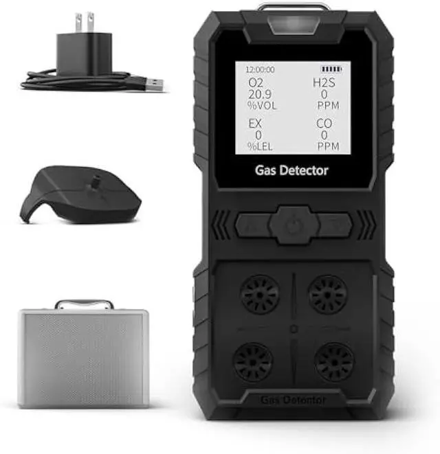 Main image of Portable 4 Gas Monitor Multi Gas DetectorPortable Gas Detector Rechargeable 4 Gas Monitor Ex H2s Co O2 with LCD Display Sound Light Shock confined Space air Monitor (Black)