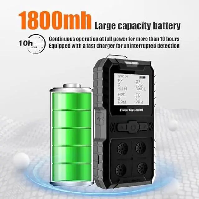 Alt view image 3 of 6 - Portable 4 Gas Monitor Multi Gas DetectorPortable Gas Detector Rechargeable 4 Gas Monitor Ex H2s Co O2 with LCD Display Sound Light Shock confined Space air Monitor (Black)