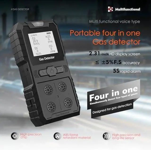 Alt view image 4 of 6 - Portable 4 Gas Monitor Multi Gas DetectorPortable Gas Detector Rechargeable 4 Gas Monitor Ex H2s Co O2 with LCD Display Sound Light Shock confined Space air Monitor (Black)