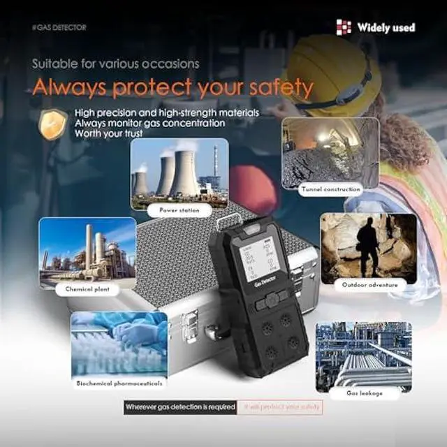 Alt view image 6 of 6 - Portable 4 Gas Monitor Multi Gas DetectorPortable Gas Detector Rechargeable 4 Gas Monitor Ex H2s Co O2 with LCD Display Sound Light Shock confined Space air Monitor (Black)