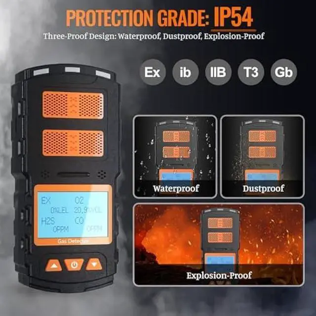 Alt view image 4 of 6 - 4 Gas Monitor Multi Gas Detector for H2S, CO, LEL and O2, with Vibration, Visual and Audible Alarms, 18h Long Battery Life, Gas Detector for Work, Home