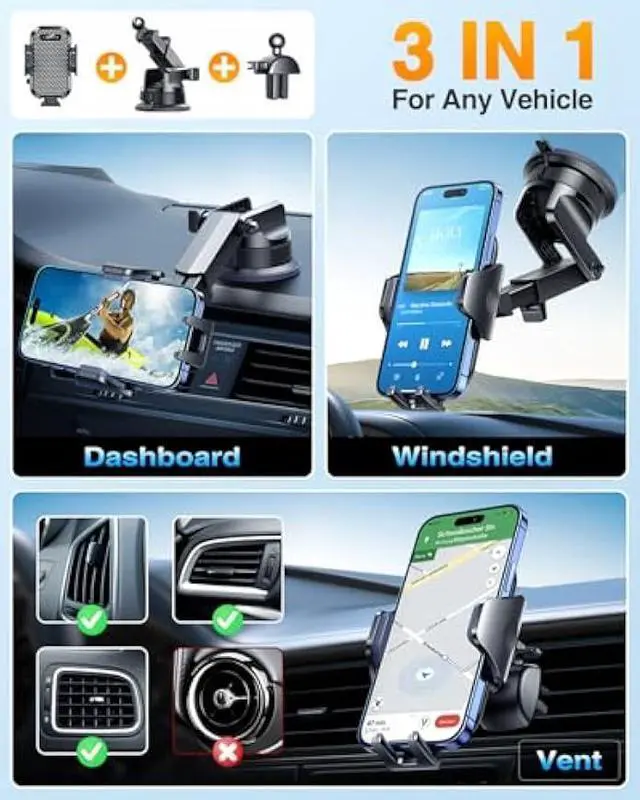 Alt view image 3 of 5 - VANMASS [Pro Version] BEST Car Phone Mount [Strongest Suction] Phone Holders for Your Car, Cell Phone Car Mount for Windshield Dash Vent Truck Stand for iPhone 16 Pro Max 15 14 13 Samsung Android