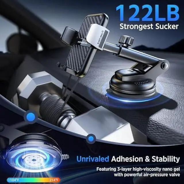 Alt view image 3 of 5 - 3-in-1 Car Phone Holder [122+LBS Strongest Suction & Stable Clamp Arm] 360° Adjustable Mount, Cell Phone Holders for Your All Car Models for Dashboard Vent, All Smartphones, Black