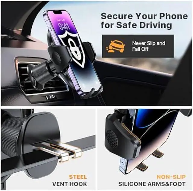 Alt view image 3 of 5 - Miracase Phone Holders for Your Car with Metal Hook Clip, Air Vent Cell Phone Stand Car Mount, Universal Automobile Cradle for Garmin GPS Fit iPhone Android and All Smartphones, Dark Black