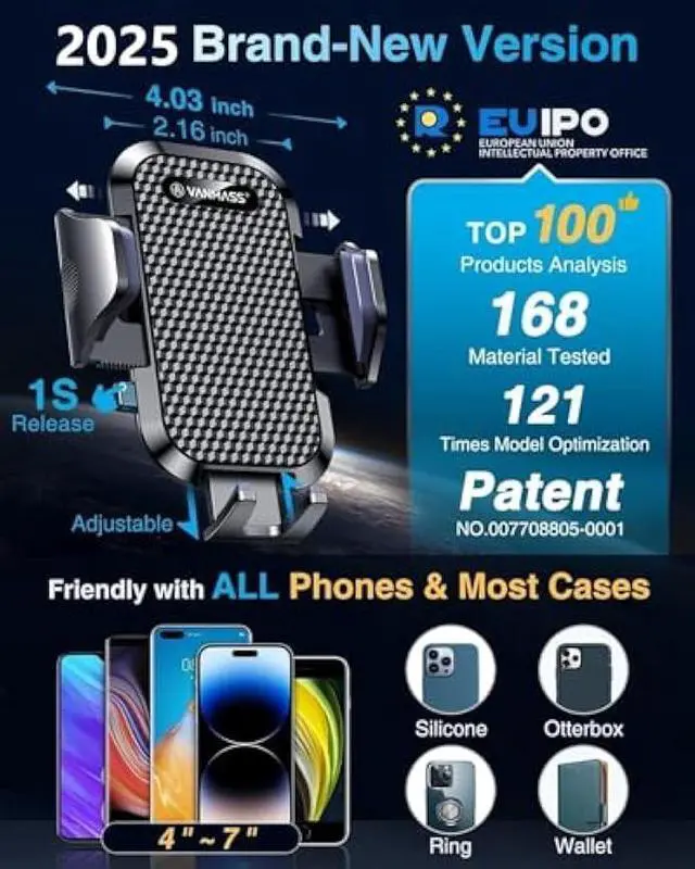 Alt view image 5 of 5 - [2025 True Military-Grade] Car Phone Holder VANMASS [Upgraded Strongest Suction & Clip] Cell Phone Mount for Dashboard Windshield Vent Wall,Truck Cradle Stand for iPhone 17 Pro Max 16 15 14 13 Android