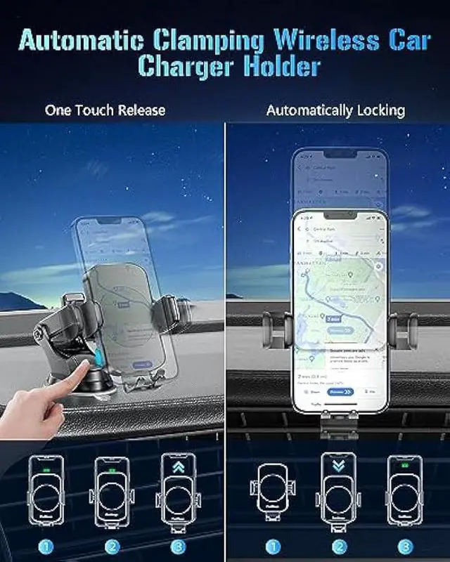 Alt view image 4 of 5 - Wireless Car Charger, Fast Charging Phone Holder 3 in 1 Phone Mount Auto Clamping Car Accessories Compatible with iPhone 17 16 15 14 13 12 11 Xs XR, Samsung S23 Ultra S22 S21 S20/S10+ S9+ Note 9