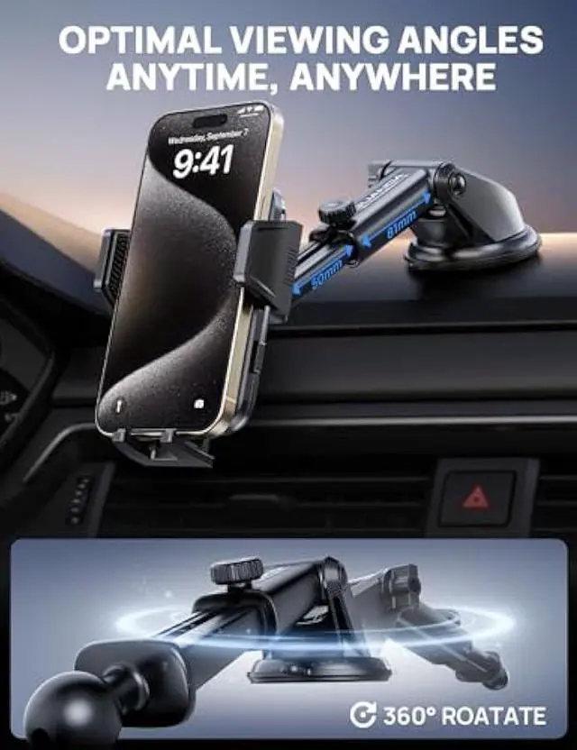 Alt view image 3 of 5 - Adjustable Windshield Phone Mount for Car, Suction Cup Dashboard Holder for All Cell Phone, (+Vent Hook) [Military Grade Stable], Non-Slip Silicone Carbon Fiber, (Black)