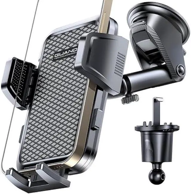 Main image of Adjustable Windshield Phone Mount for Car, Suction Cup Dashboard Holder for All Cell Phone, (+Vent Hook) [Military Grade Stable], Non-Slip Silicone Carbon Fiber, (Black)