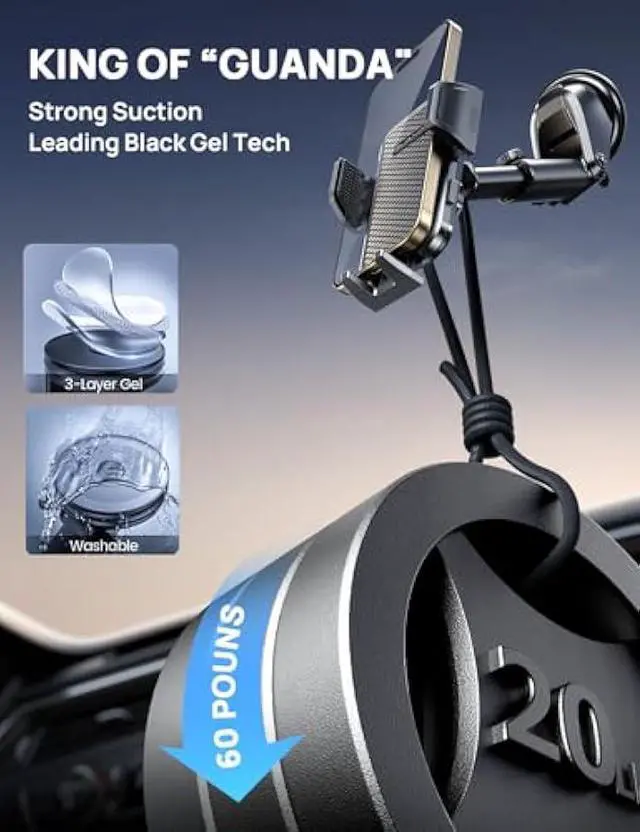 Alt view image 4 of 5 - Adjustable Windshield Phone Mount for Car, Suction Cup Dashboard Holder for All Cell Phone, (+Vent Hook) [Military Grade Stable], Non-Slip Silicone Carbon Fiber, (Black)