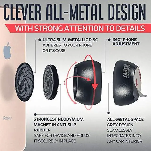 Alt view image 4 of 5 - Universal Car Phone Mount Magnetic - All-Metal iPhone Car Mount for Any Smartphone or GPS - Truly One-Handed Cell Phone Holder for Car Dashboard