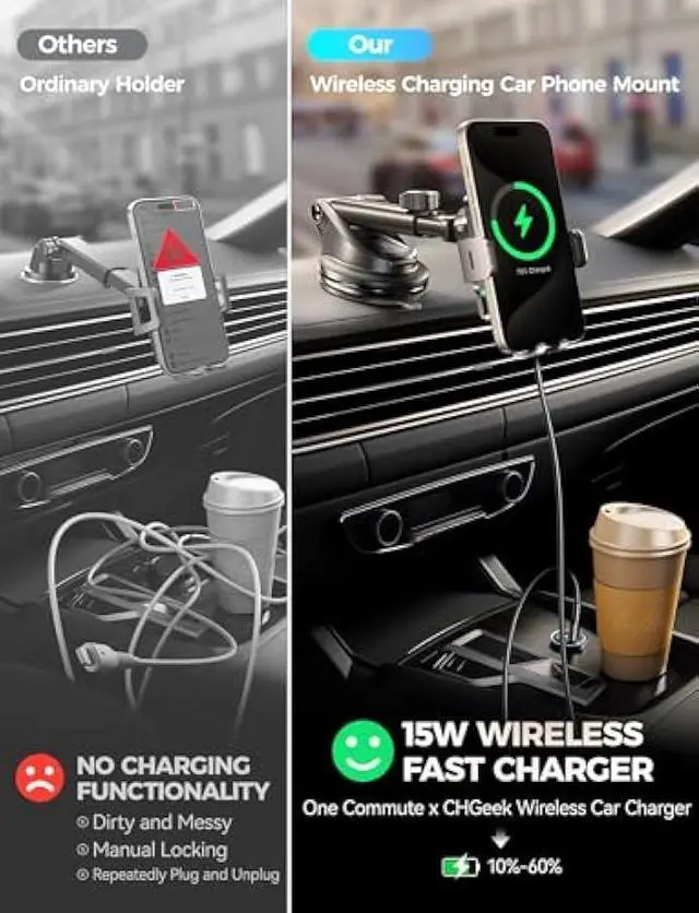 Alt view image 3 of 5 - CHGeek Wireless Car Charger with Phone Holder Mount, 15W Fast Charging Auto Clamping Phone Holders for You Car Windshield Dashboard Air Vent Accessories for iPhone, Samsung Galaxy, Google, etc