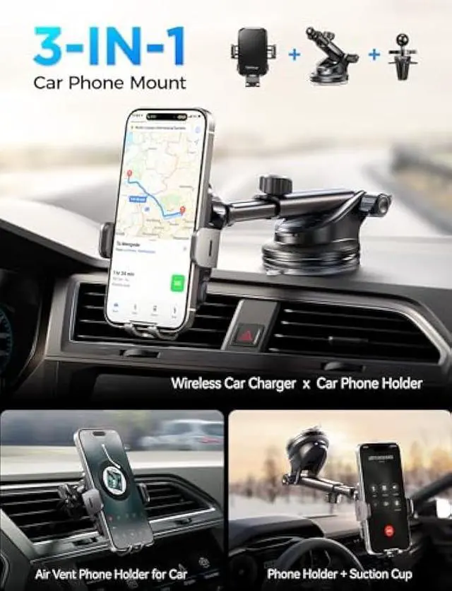 Alt view image 2 of 5 - CHGeek Wireless Car Charger with Phone Holder Mount, 15W Fast Charging Auto Clamping Phone Holders for You Car Windshield Dashboard Air Vent Accessories for iPhone, Samsung Galaxy, Google, etc