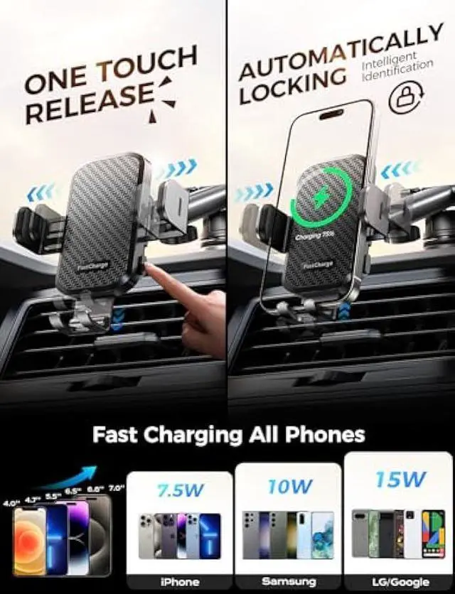 Alt view image 4 of 5 - CHGeek Wireless Car Charger with Phone Holder Mount, 15W Fast Charging Auto Clamping Phone Holders for You Car Windshield Dashboard Air Vent Accessories for iPhone, Samsung Galaxy, Google, etc