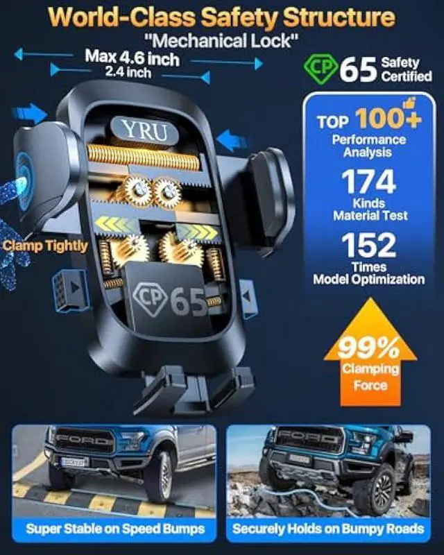 Alt view image 2 of 5 - YRU [True Upgrade for Safety] Car Phone Holder Mount [Patent & Military-Grade] Dashboard Cell Phone Holder for Car Vent Windshield Phone Stand for iPhone 17 16 15 14 13 Pro Max Truck Samsung, Black