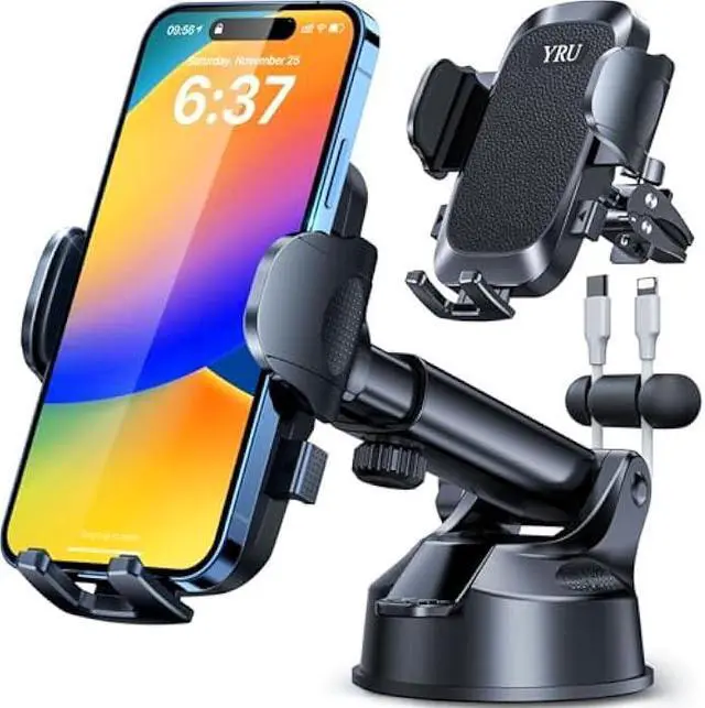 Main image of YRU [True Upgrade for Safety] Car Phone Holder Mount [Patent & Military-Grade] Dashboard Cell Phone Holder for Car Vent Windshield Phone Stand for iPhone 17 16 15 14 13 Pro Max Truck Samsung, Black