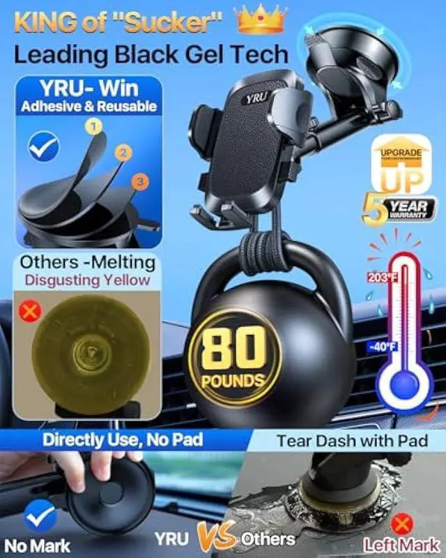 Alt view image 4 of 5 - YRU [True Upgrade for Safety] Car Phone Holder Mount [Patent & Military-Grade] Dashboard Cell Phone Holder for Car Vent Windshield Phone Stand for iPhone 17 16 15 14 13 Pro Max Truck Samsung, Black