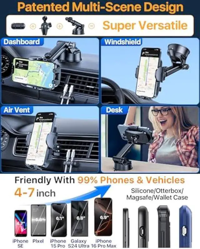 Alt view image 5 of 5 - YRU [True Upgrade for Safety] Car Phone Holder Mount [Patent & Military-Grade] Dashboard Cell Phone Holder for Car Vent Windshield Phone Stand for iPhone 17 16 15 14 13 Pro Max Truck Samsung, Black