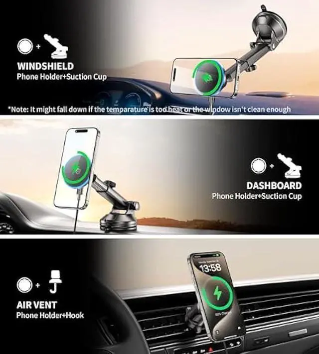 Alt view image 3 of 5 - for MagSafe Car Mount Charger Dash/Windshield/Vent Wireless Car Charger with [LED Light], Strong Magnetic Phone Holder for Car for iPhone 17 16 15 14 13 12 Series, Fit MagSafe Accessories