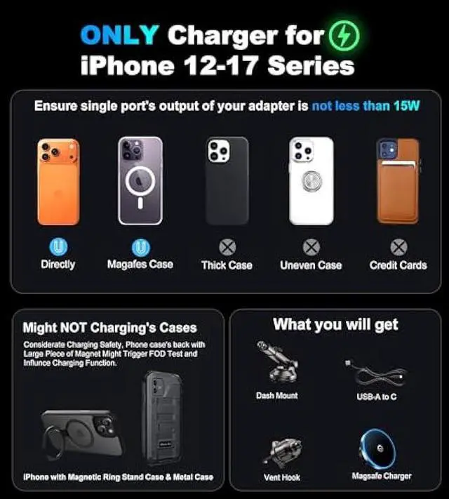 Alt view image 2 of 5 - for MagSafe Car Mount Charger Dash/Windshield/Vent Wireless Car Charger with [LED Light], Strong Magnetic Phone Holder for Car for iPhone 17 16 15 14 13 12 Series, Fit MagSafe Accessories