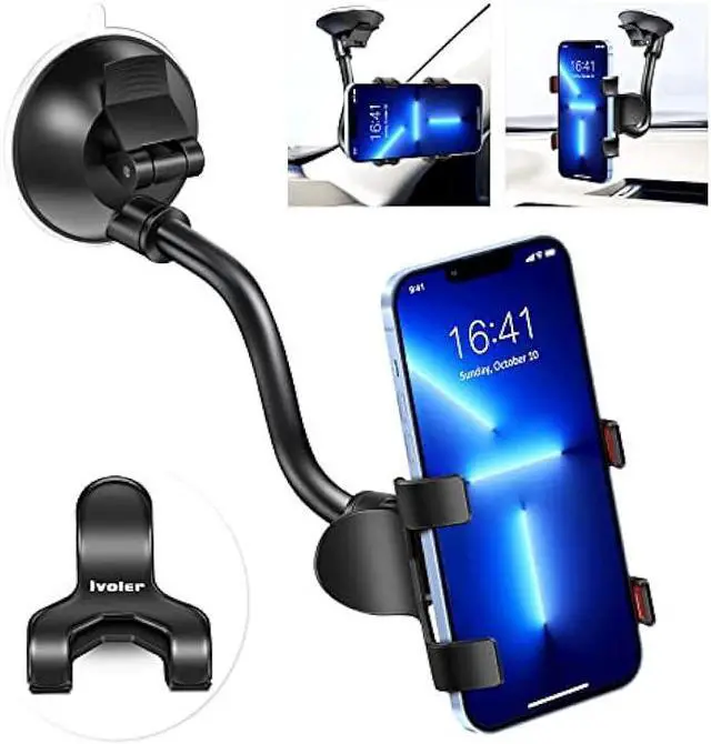 Main image of ivoler Car Phone Mount Windshield, Long Arm Clamp Universal Windshield with Double Clip Strong Suction Cup Cell Phone Holder Compatible with iPhone 15 14 13 Pro Max XS 7 8 Plus, Galaxy S24 S23 Ultra