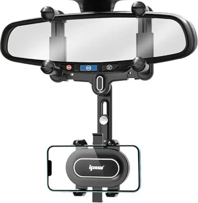 Main image of IPOW Large Rearview Mirror Phone Holder, Rotatable and Retractable, Anti-Shake Phone Mount for Car Compatible with iPhone 17/16/15/14/13/12/11 Pro Max, Samsung All 4-7 Inch Phones