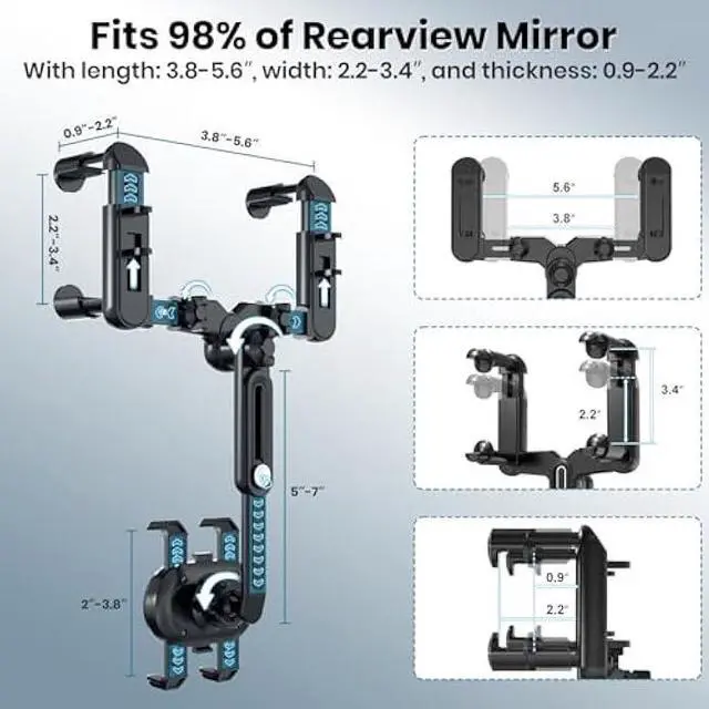 Alt view image 2 of 5 - IPOW Large Rearview Mirror Phone Holder, Rotatable and Retractable, Anti-Shake Phone Mount for Car Compatible with iPhone 17/16/15/14/13/12/11 Pro Max, Samsung All 4-7 Inch Phones