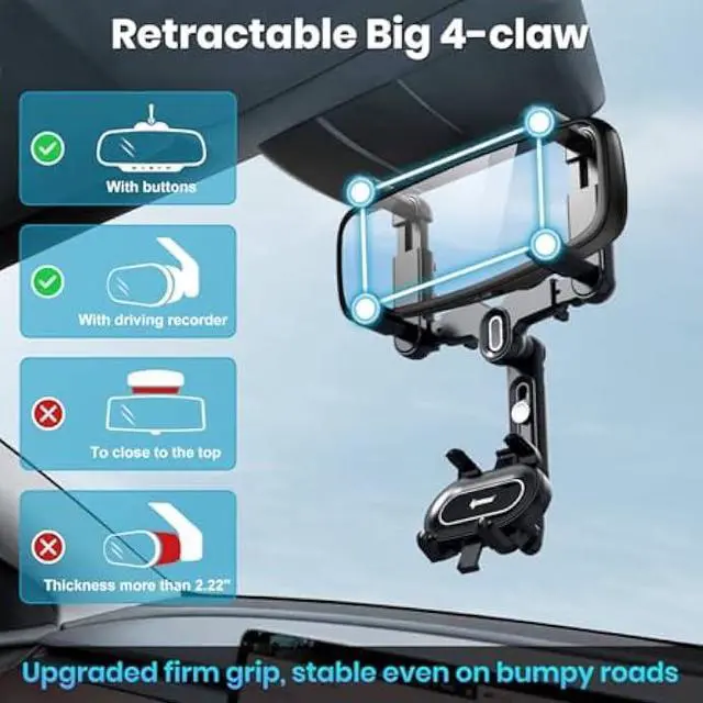 Alt view image 3 of 5 - IPOW Large Rearview Mirror Phone Holder, Rotatable and Retractable, Anti-Shake Phone Mount for Car Compatible with iPhone 17/16/15/14/13/12/11 Pro Max, Samsung All 4-7 Inch Phones