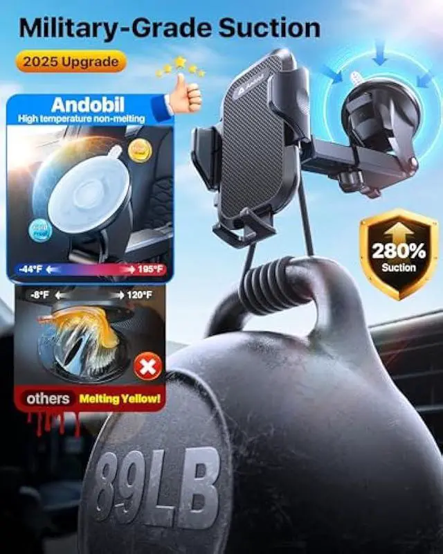 Alt view image 3 of 5 - andobil [2025 True Military-Grade Car Phone Holder [Upgraded Strongest Suction & Clip] Cell Phone Car Mount Dashboard Windshield Vent,Truck Cradle Stand for iPhone 17 Pro Max 16 15 14 13 12 Android