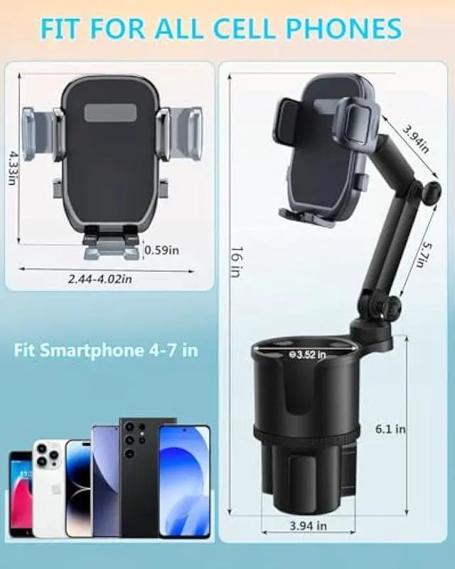 Alt view image 5 of 5 - Cup Phone Holder for Car with Expandable Base, 2 in 1 Adjustable Hands Free Cell Phone Holders Car Cupholder Mount, Friendly Fit Large Bottle & iPhone All Cellphone for Truck SUV | No Shake Design