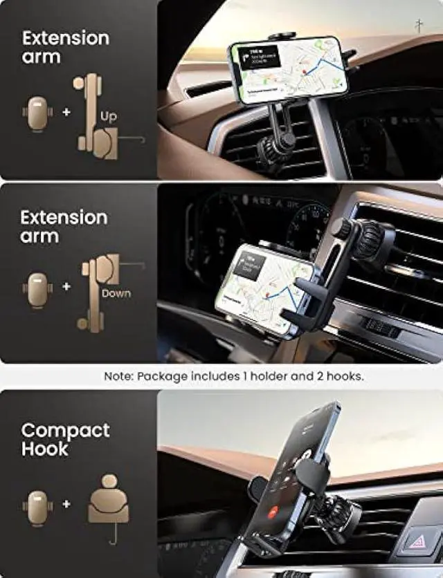 Alt view image 2 of 7 - LISEN Cell Phone Car Mount for iPhone [Enjoy Never Blocking], Universal Car Phone Holder Vent Phone Mount for Car [2 Hook Kit] Hands Free Phone Car Mount Fits iPhone 16 15 Pro Max Plus Samsung, Brown