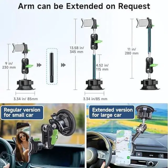 Alt view image 3 of 5 - HEMMOTOP Suction Cup Car Phone Mount, 12 in Heavy Duty Metal Cell Phone Holder for Windshield, 360° Rotation Vacuum Magic Arm for iPhone All Smartphone & Cars Truck