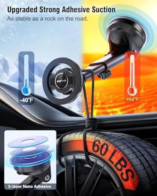 Alt view image 2 of 6 - pop-tech for Magsafe Car Mount, Windshield Ultra Magnetic Phone Holder for Car, Dashboard Adjustable Military Suction Cup Phone Mount for iPhone 16 Pro Max 15 14 13 12 Plus, Smartphones, All Phones