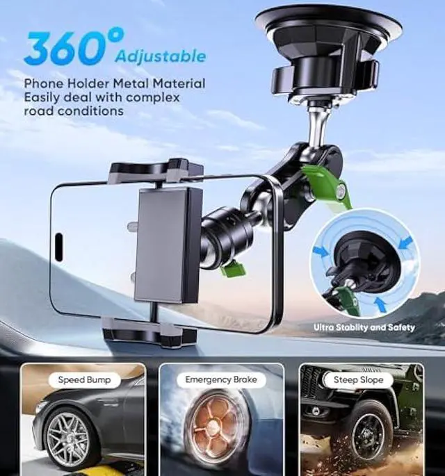 Alt view image 3 of 5 - MAGIC JOHN Car Phone Holder, Ultra-Durable Mteal Phone Holders for Your Car, 360° Rotation Cell Phone Car Mount for Windshield, Suction Cup Car Phone Mount for iPhone Samsung All Smartphone