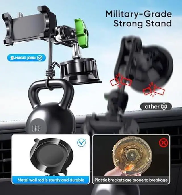 Alt view image 4 of 5 - MAGIC JOHN Car Phone Holder, Ultra-Durable Mteal Phone Holders for Your Car, 360° Rotation Cell Phone Car Mount for Windshield, Suction Cup Car Phone Mount for iPhone Samsung All Smartphone