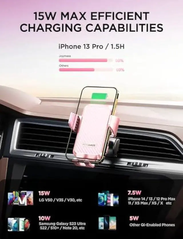 Alt view image 2 of 6 - Wireless Car Charger, JOYMASS 15W Fast Charging Auto Clamping Car Charger Cell Phone Holder Mount Vent for iPhone 15 14 13 12 Mini Pro Max, Samsung Galaxy S24 Ultra S23 S22 S21+ Note 20, etc - Pink