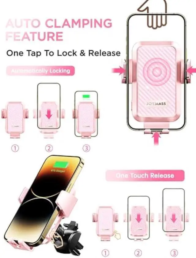 Alt view image 3 of 6 - Wireless Car Charger, JOYMASS 15W Fast Charging Auto Clamping Car Charger Cell Phone Holder Mount Vent for iPhone 15 14 13 12 Mini Pro Max, Samsung Galaxy S24 Ultra S23 S22 S21+ Note 20, etc - Pink