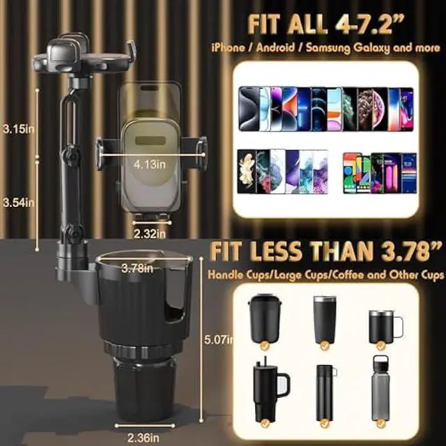 Alt view image 4 of 5 - Phone Holders for Your Car, 2 in 1 Universal Cup Holder Expander Adjustable Base with Phone Mount, Long Arm with 360°Rotation Cup Holder Phones Mount for Car Compatible with All Smartphones