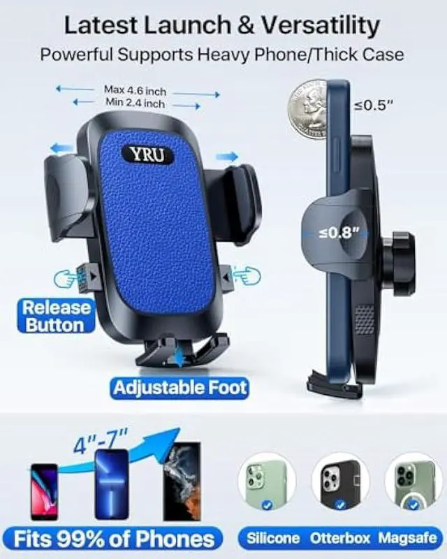 Alt view image 3 of 5 - YRU [True Upgrade for Safety] Car Phone Holder Mount [Patent & Military-Grade] Dashboard Cell Phone Holder for Car Vent Windshield Phone Stand for iPhone 17 16 15 14 13 Pro Max Truck Samsung, Blue