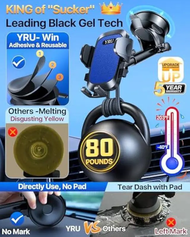 Alt view image 4 of 5 - YRU [True Upgrade for Safety] Car Phone Holder Mount [Patent & Military-Grade] Dashboard Cell Phone Holder for Car Vent Windshield Phone Stand for iPhone 17 16 15 14 13 Pro Max Truck Samsung, Blue