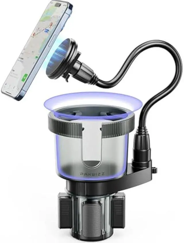 Main image of 2-in-1 Car Cup Holder Expander for Phone MagSafe, Upgraded Cup Holder Phone Mount for Car with Adjustable Base, Compatible with Yeti 20/26/30 oz, Hydroflask 32/40 oz (Transparent Black)