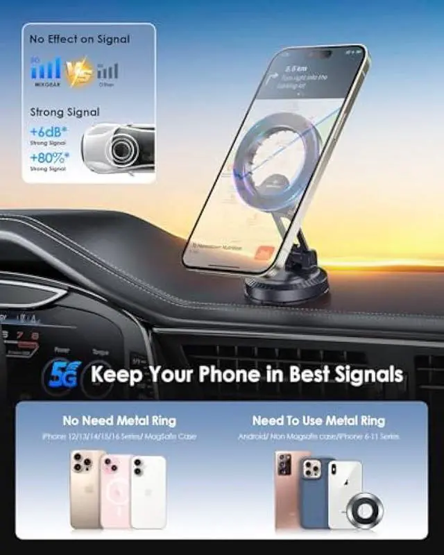 Alt view image 3 of 7 - WixGear for MagSafe Car Mount, Foldable Car Phone Mount, Magnetic Phone Holder for Car Dashboard, Strong Magnets, MagSafe Suction Mount, MagSafe Dash Mount, 360° Rotation, Compatible with iPhones