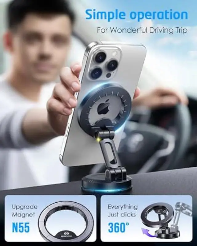 Alt view image 2 of 7 - WixGear for MagSafe Car Mount, Foldable Car Phone Mount, Magnetic Phone Holder for Car Dashboard, Strong Magnets, MagSafe Suction Mount, MagSafe Dash Mount, 360° Rotation, Compatible with iPhones