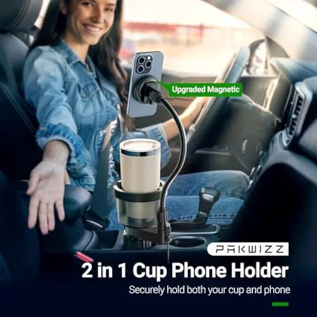 Alt view image 2 of 5 - 2-in-1 Car Cup Holder Expander for Phone MagSafe, Upgraded Cup Holder Phone Mount for Car with Adjustable Base, Compatible with Yeti 20/26/30 oz, Hydroflask 32/40 oz (Transparent Black)