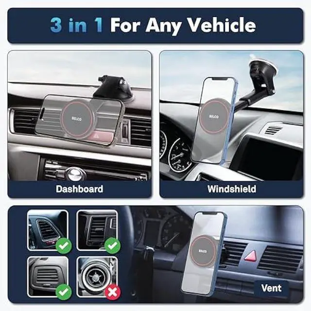 Alt view image 2 of 7 - BELCO Magnetic Phone Holder for Car  Suction Cup Phone Mount with Adjustable Rotating Arm and Lock Mechanism for Dashboard, Windshield, Air Vent  Compatible with iPhone and Android