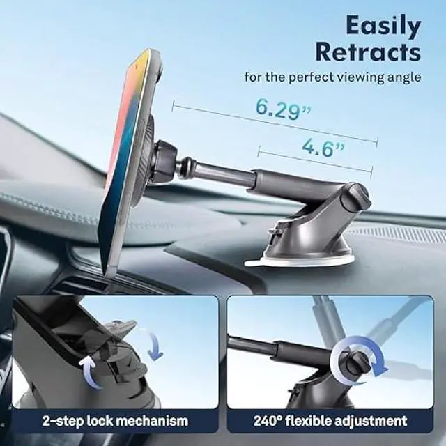 Alt view image 3 of 7 - BELCO Magnetic Phone Holder for Car  Suction Cup Phone Mount with Adjustable Rotating Arm and Lock Mechanism for Dashboard, Windshield, Air Vent  Compatible with iPhone and Android