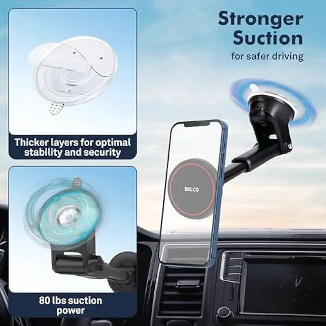 Alt view image 4 of 7 - BELCO Magnetic Phone Holder for Car  Suction Cup Phone Mount with Adjustable Rotating Arm and Lock Mechanism for Dashboard, Windshield, Air Vent  Compatible with iPhone and Android