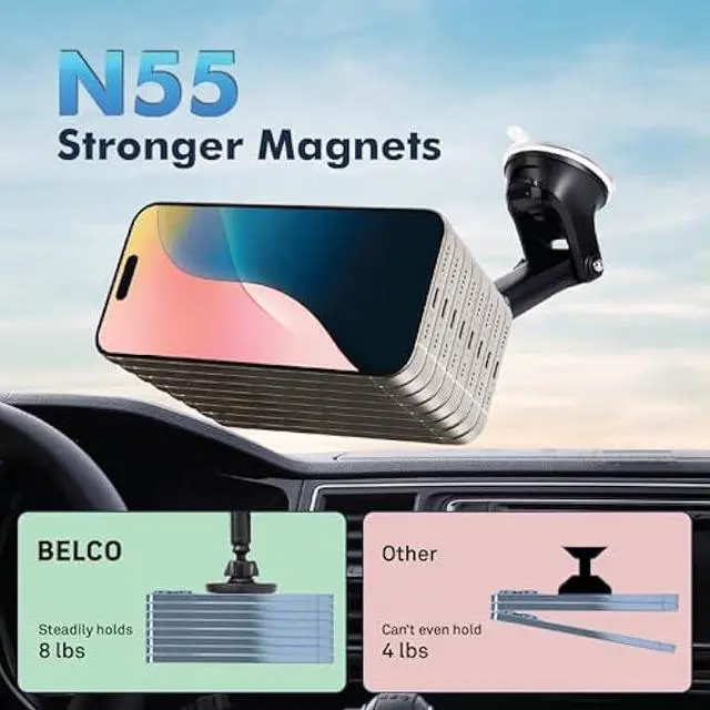 Alt view image 7 of 7 - BELCO Magnetic Phone Holder for Car  Suction Cup Phone Mount with Adjustable Rotating Arm and Lock Mechanism for Dashboard, Windshield, Air Vent  Compatible with iPhone and Android