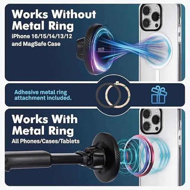 Alt view image 6 of 7 - BELCO Magnetic Phone Holder for Car  Suction Cup Phone Mount with Adjustable Rotating Arm and Lock Mechanism for Dashboard, Windshield, Air Vent  Compatible with iPhone and Android