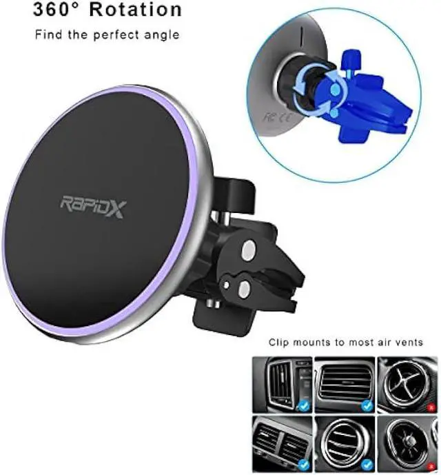 Alt view image 3 of 5 - RapidX Dashio MW2 Car Vent Mount & Magnetic Wireless Charger Circle, up to 15W, for iPhone 15/14/13/12 & Newer, or Other iPhone/Android with MagSafe/Magnetic Case