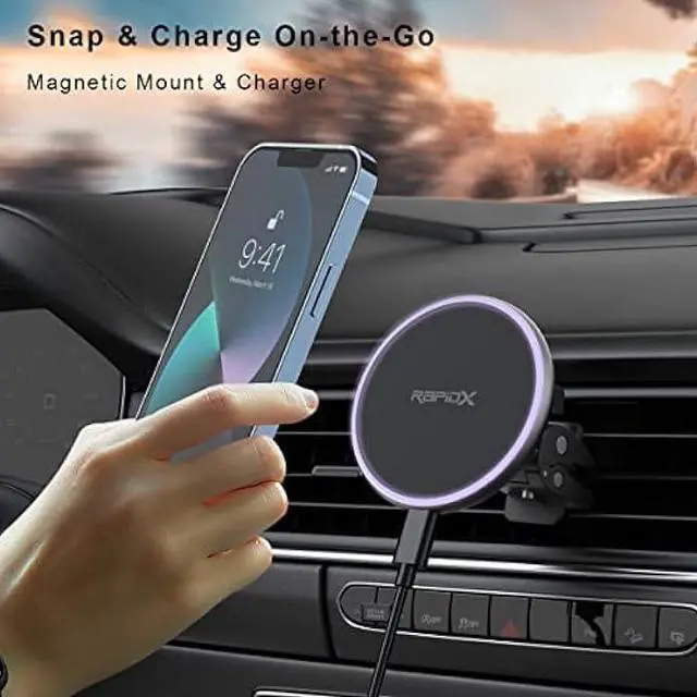 Alt view image 2 of 5 - RapidX Dashio MW2 Car Vent Mount & Magnetic Wireless Charger Circle, up to 15W, for iPhone 15/14/13/12 & Newer, or Other iPhone/Android with MagSafe/Magnetic Case